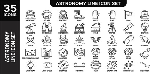 Astronomy line icon set. Space planet, Earth, moon, sun, galaxy, rocket astronaut, alien minimal vector illustrations. Simple outline signs for cosmos science. Blue duotone color. Editable Stroke © icons