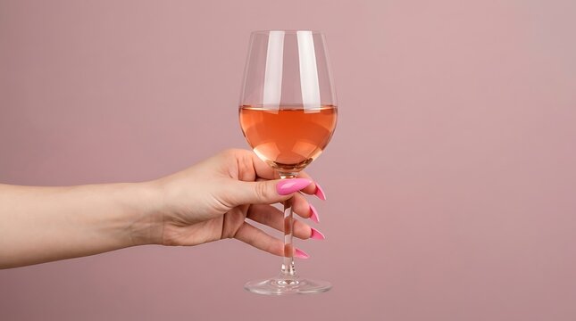Woman hand holding a glass of rose wine