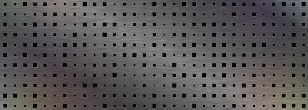 Perforated plate texture with realistic metallic panel, industrial alloy sheet, perforation, mesh, lattice and abstract pattern for wallpaper and branding projects.