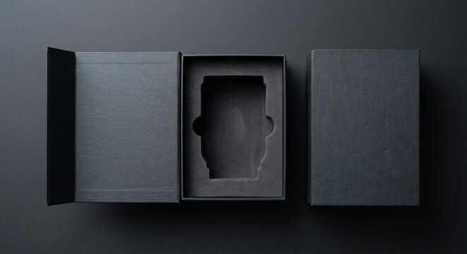 Black gift box open and closed showing foam insert on dark background