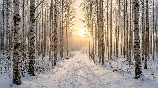 Sunlight shining through birch trees in a snowy winter forest