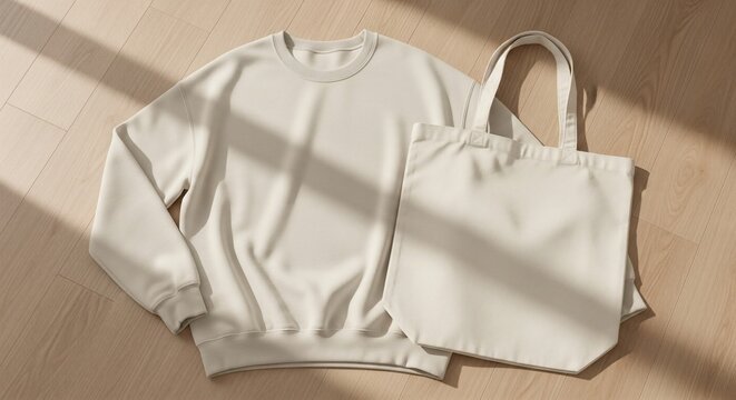 Blank beige sweatshirt and canvas tote bag on wooden floor