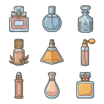 Set of diverse colorful perfume bottles and essential oil flacons in retro cartoon style isolated vector illustration