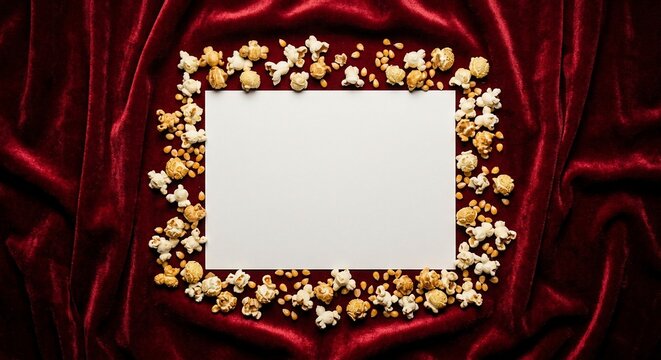 Blank paper frame surrounded by popcorn on dark red velvet background