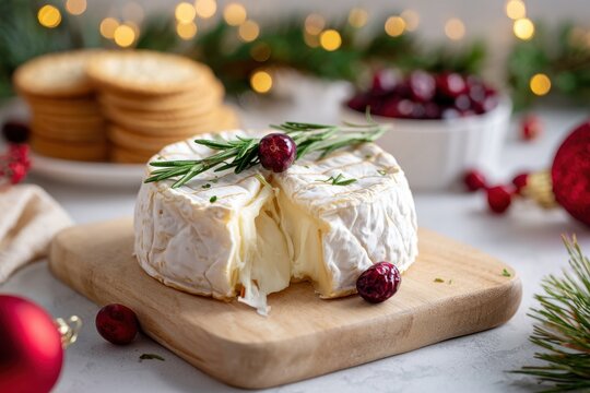 Baked brie cheese with cranberries and rosemary on wooden board with crackers. Holiday party appetizer.