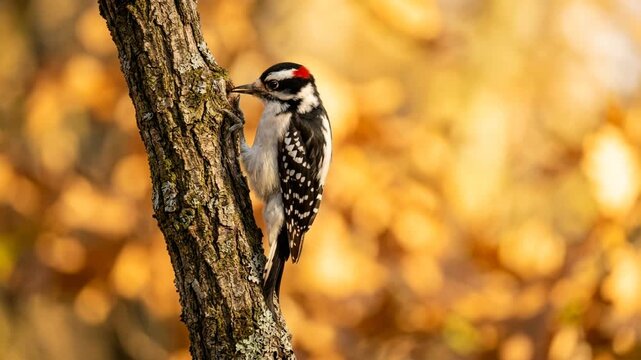 downy woodpecker bird  in yellowstone national park usa golden light close up video