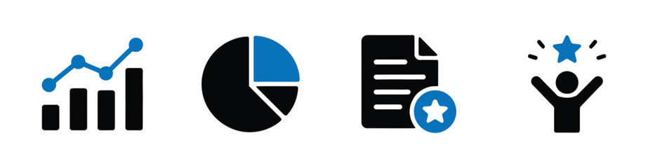 Obraz premium Business Analytics and Success Icon Set. Rising bar chart trend line, pie chart breakdown, document report star review, happy successful person celebration vector icons