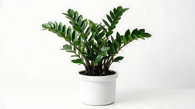 Green zamioculcas plant in a white ceramic pot