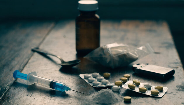 Concept of Drug Abuse Using White Powder, Pills, and Syringes
