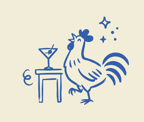Retro blue rooster line art vector, hand drawn cockerel with martini cocktail glass on table, vintage mid-century modern bar and lounge illustration © Apna Jalwa