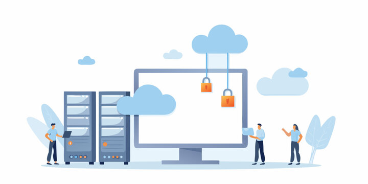 team managing security system flat vector illustration cloud lock server monitor people technology network data protection privacy cybersecurity digital workplace collaboration communication interface