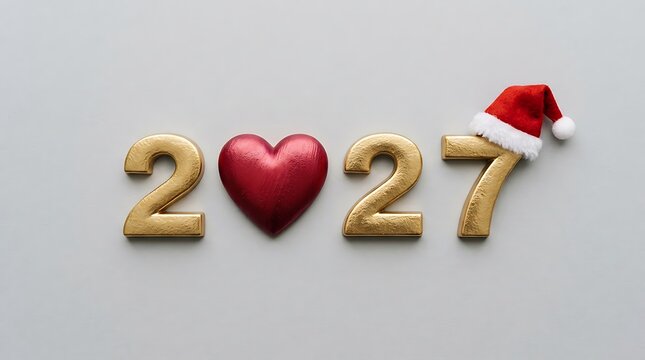 Golden 2027 text with red heart and christmas santa hat