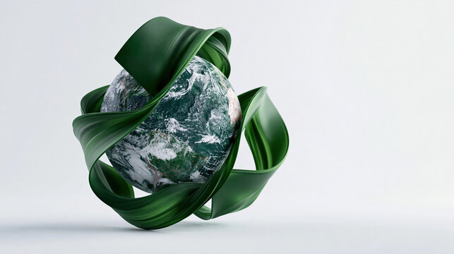 Earth wrapped in green leaf symbolizes sustainable urban transition in climate tech aiming for net zero with ai innovation inspiring hope and progress in environmental protection