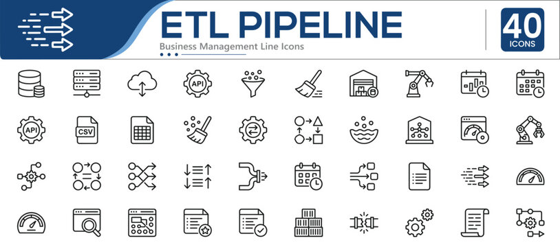 Set of 40 line icons related to ETL Pipeline. Containing data extraction, data transformation, data loading, API integration, database and more. Linear icon collection. Editable stroke. Vector