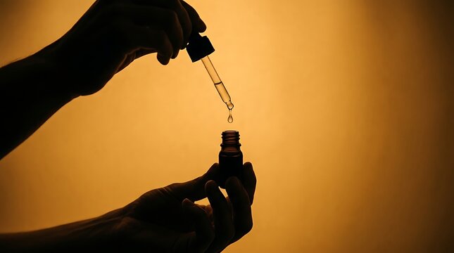 Person using a glass dropper with essential oil bottle