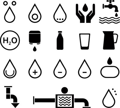 Water line icon set Rain drops  glass H2O molecule  purification filter pure aqua outline vector illustration