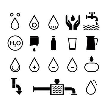 Water line icon set Rain drops  glass H2O molecule  purification filter pure aqua outline vector illustration
