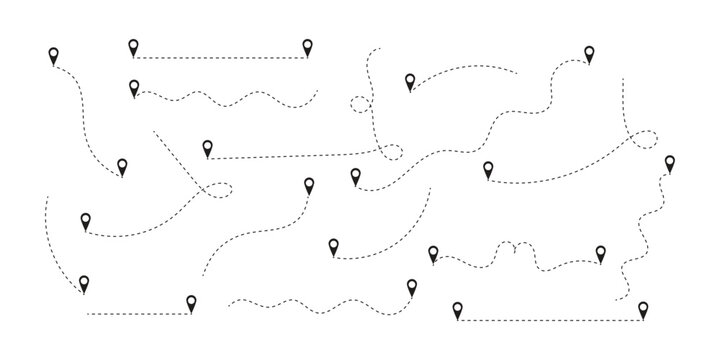 Simple route map icon with location pin. Route dash line with location pin. route with map pin and dashed path. Hand drawn curve dotted line vector set.