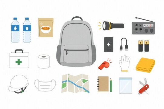  Emergency Preparedness Kit with Essential Supplies for Earthquake Disaster Preparedness, Flat Vector Illustration