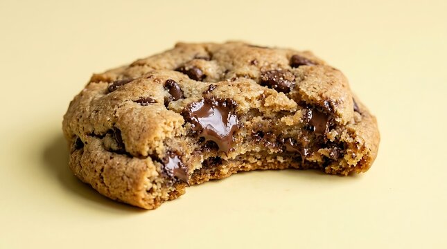 bitten chocolate chip cookie on pale yellow background