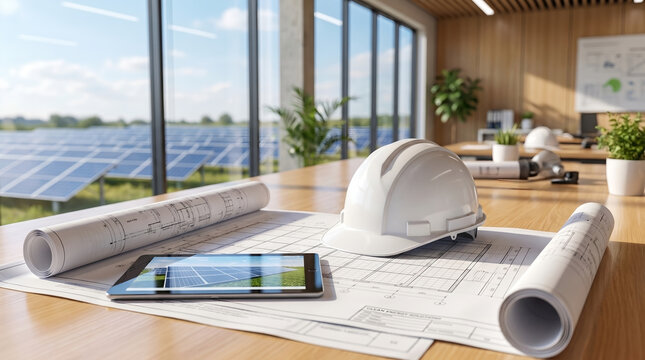 White hard hat and rolled blueprints, digital tablet showing solar panel array, placed on a wooden conference table, inside an office overlooking a solar farm, renewable energy photography