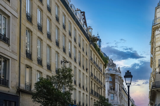 Paris, typical buildings in the Marais, rue Saint-Denis, in the center of the french capital
