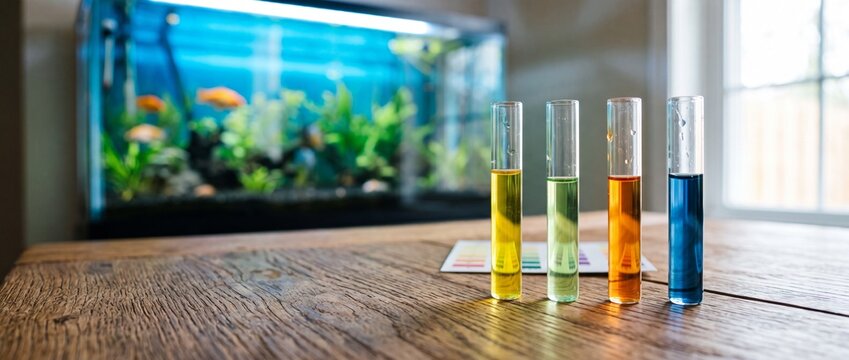 Laboratory test tubes filled with colorful water solutions standing on wooden surface in front of illuminated aquatic fish tank for water testing kit