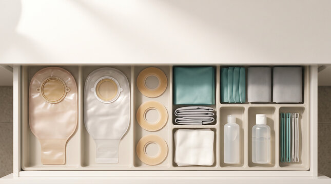 Organized Ostomy Care Supplies and Stoma Bags in Drawer