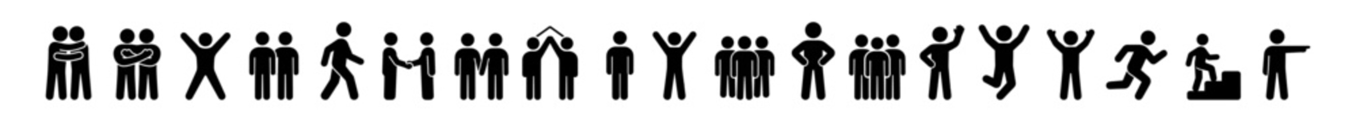 Collection of black stick figure icons showing various human gestures and body language expressions on white background on transparent background © Ярослав Дацко