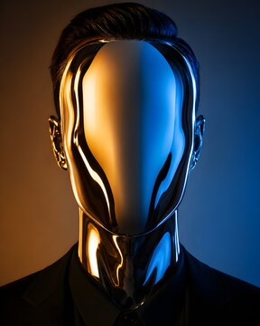 Futuristic faceless male portrait with reflective liquid chrome mask under blue and orange studio lighting, conceptual 3D render art for technology and artificial intelligence themes