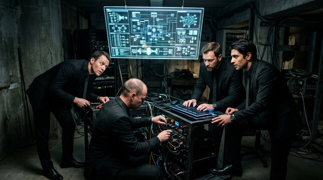 A group of man thinking of digital technology software and programming