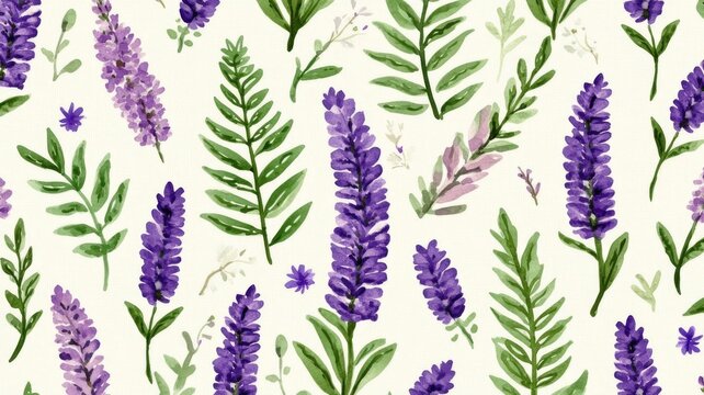 Watercolor lavender floral pattern with green fern leaves illustration design for fabric textiles and wallpapers decorative backgrounds.