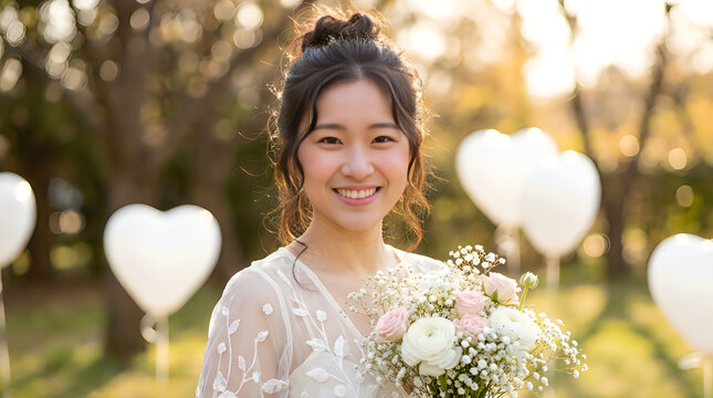 Beautiful young asian bride smiling with flowers at a romantic outdoor wedding celebration