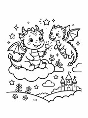 Obraz premium Adorable cartoon baby dragons sitting on clouds with magical stars and a fairy-tale castle in the background, perfect for coloring pages and children's fantasy illustrations