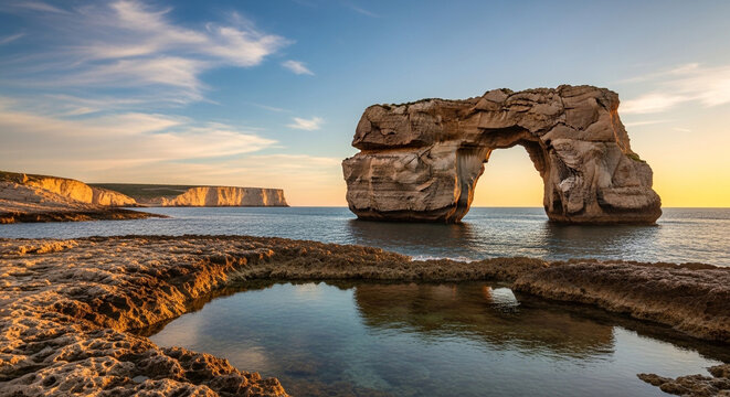 Natural limestone arch formation at sunset over calm sea with rocky coastline and clear tide pool reflection.