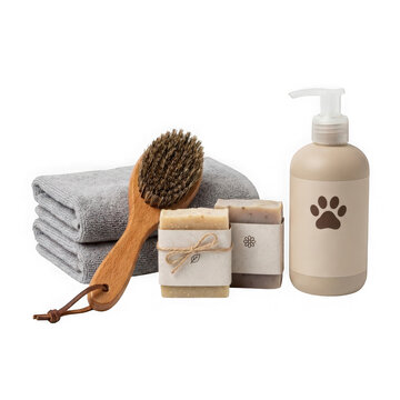 Pet grooming spa set with soap bars, brush, and shampoo isolated on transparent background