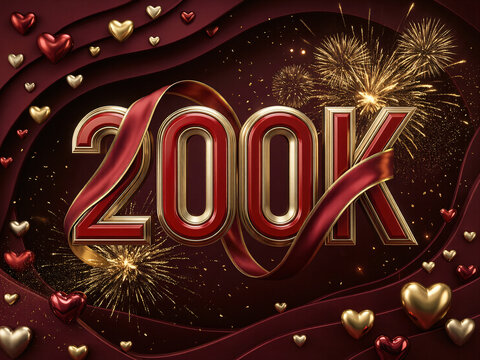 Luxury 200K Celebration Typography with Satin Ribbon, Gold Metallic Hearts, Premium Fireworks, Elegant 3D Number Illustration on Abstract Burgundy Background
