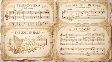 Fototapeta premium Vintage Antique Music Sheet Collection with Ornate Decorative Borders on Aged Parchment Paper