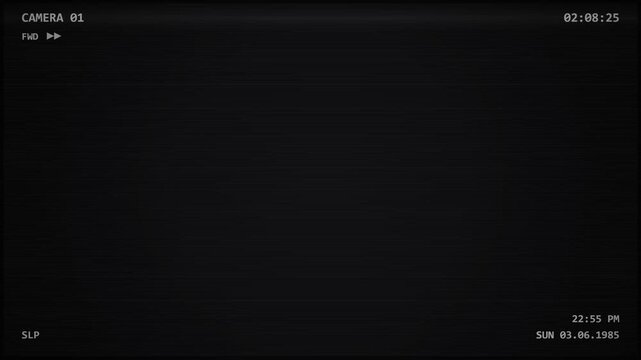 Analog security camera feed with static noise, timestamp and text overlay, conveying surveillance and data recording, vintage vibe