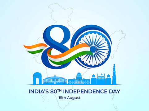 Graphic design celebrating India's 80th Independence Day with tricolor flag elements and iconic city landmarks.