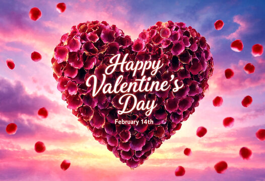 Beautiful heart shape made of red rose petals for valentines day celebration greeting card design