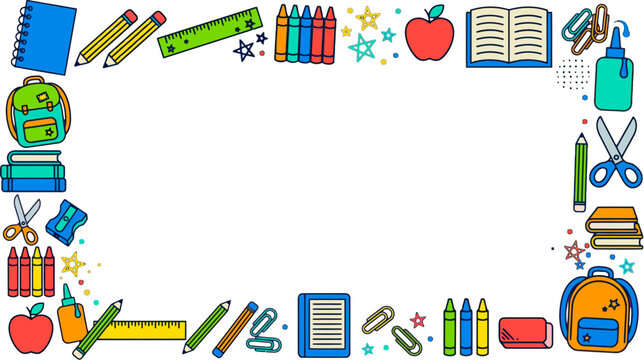 School supplies frame featuring colorful backpacks, notebooks, pencils, and educational tools surrounding a white background.