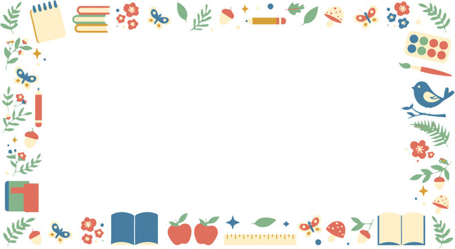 School border illustration decorated with colorful autumn leaves, books, stationery items, and a central white copy space.
