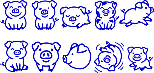 Fototapeta premium Set of cute hand-drawn blue pig illustrations in various poses and expressions for creative design projects