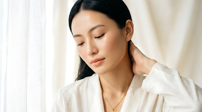 Young asian woman touching neck female person hand touch hair black skin face nose lips shoulder collarbone necklace.