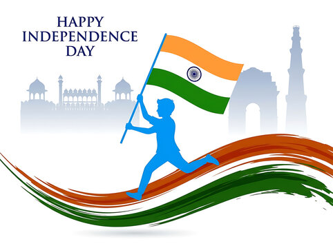 India Independence Day celebration. Boy running with Indian flag for national holiday.