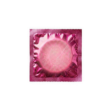 A single pink condom in a square foil wrapper isolated on transparent background