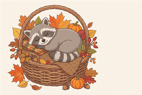 Cute Halloween raccoon sleeping in a wicker basket with autumn pumpkins