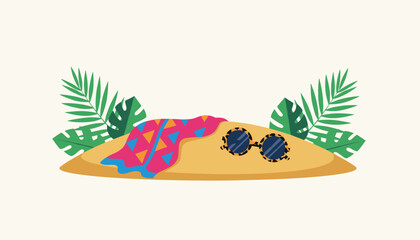 Naklejka premium Summer beach vacation scene featuring a colorful towel, leopard-print sunglasses, and tropical leaves on sand.
