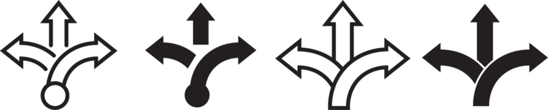 Direction arrow icon with multiple paths. Choice and decision making symbol. Strategy, planning and alternative route concept. Direction arrow icon set, multiple paths choice decision making symbol, s